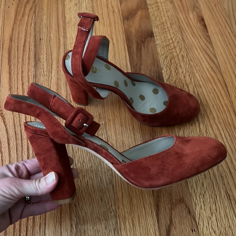 Boden Bessie Maryjane Conker Burnt Orange Round Toe Suede Heels Pumps size 39